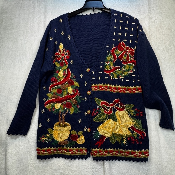 Handmade Christmas Cardigan Womens Size XL Blue Embellished V-Neck Grandmacore - Picture 1 of 8
